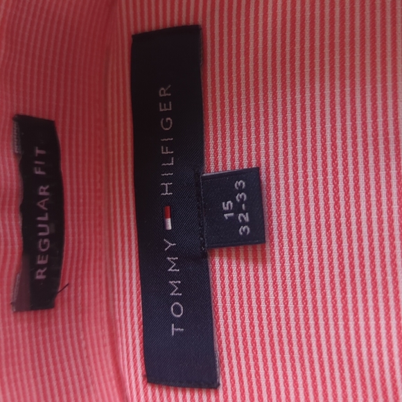Tommy Hilfiger Men's Long Sleeve Shirt Coral pink White Striped Size 15 32-33 - Picture 3 of 8